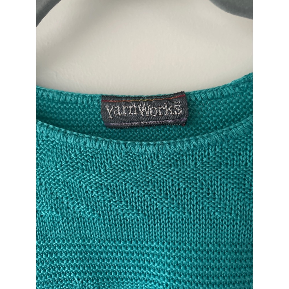 Vintage YarnWorks Teal Green Textured Knit Short Sleeve Sweater Top Crew Neck - Picture 2 of 6